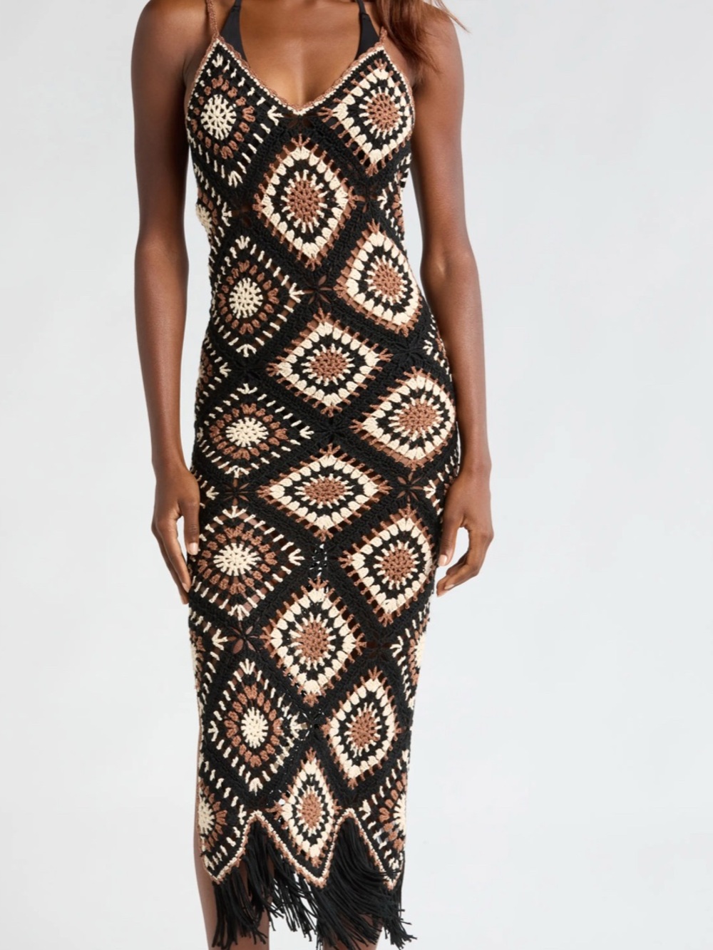 Elan Black and Cream Crochet Maxi Dress with Brown Accents - Picture 8 of 9